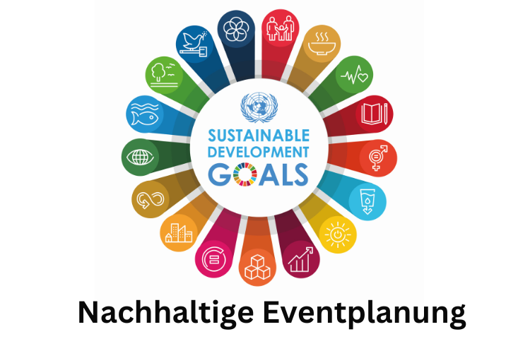 In der Grafik sind in strahlenförmiger Anordnung die 17 Sustainable Development Goals der UN in den entsprechenden bunten Farben und mit Symbolen dargestellt. In der Mitte ein Kreis mit dem Text "Sustainable Developmente Goals" sowie das Signet der Vereinten Nationen. Unter der Grafik steht der Text "Nachhaltige Eventplanung".