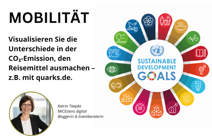Die Grafik zeigt rechts wieder die strahlenförmig angeordneten 17 farbigen SDGs wie im Beitragsbild. Links steht der Text "Mobilität. Visualisieren Sie die Unterschiede in der CO2-Emission, den Reisemittel ausmachen - z.B. mit quarks.de" Darunter ein Foto von Katrin Taepke, von der dieser Tipp ist.
