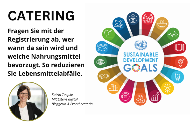 Die Grafik zeigt rechts wieder die strahlenförmig angeordneten 17 farbigen SDGs wie im Beitragsbild. Links steht der Text "Catering. Fragen Sie mit der Registrierung ab, wer wann da sein wird und welche Nahrungsmittel bevorzugt. So reduzieren Sie Lebensmittelabfälle" Darunter ein Foto von Katrin Taepke, von der dieser Tipp ist.
